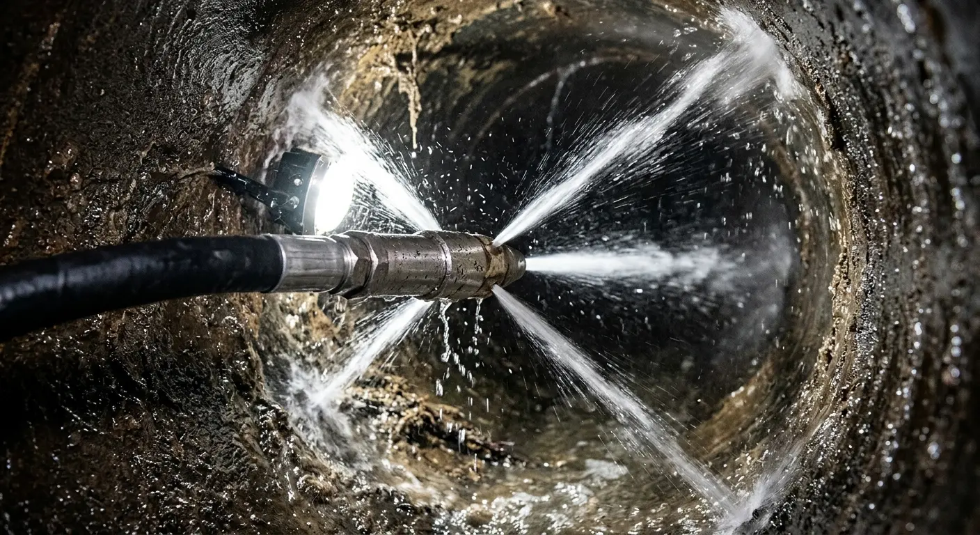 High-pressure hydro jetting nozzle cleaning sewer pipe for Sewer Cleanout in Fultondale