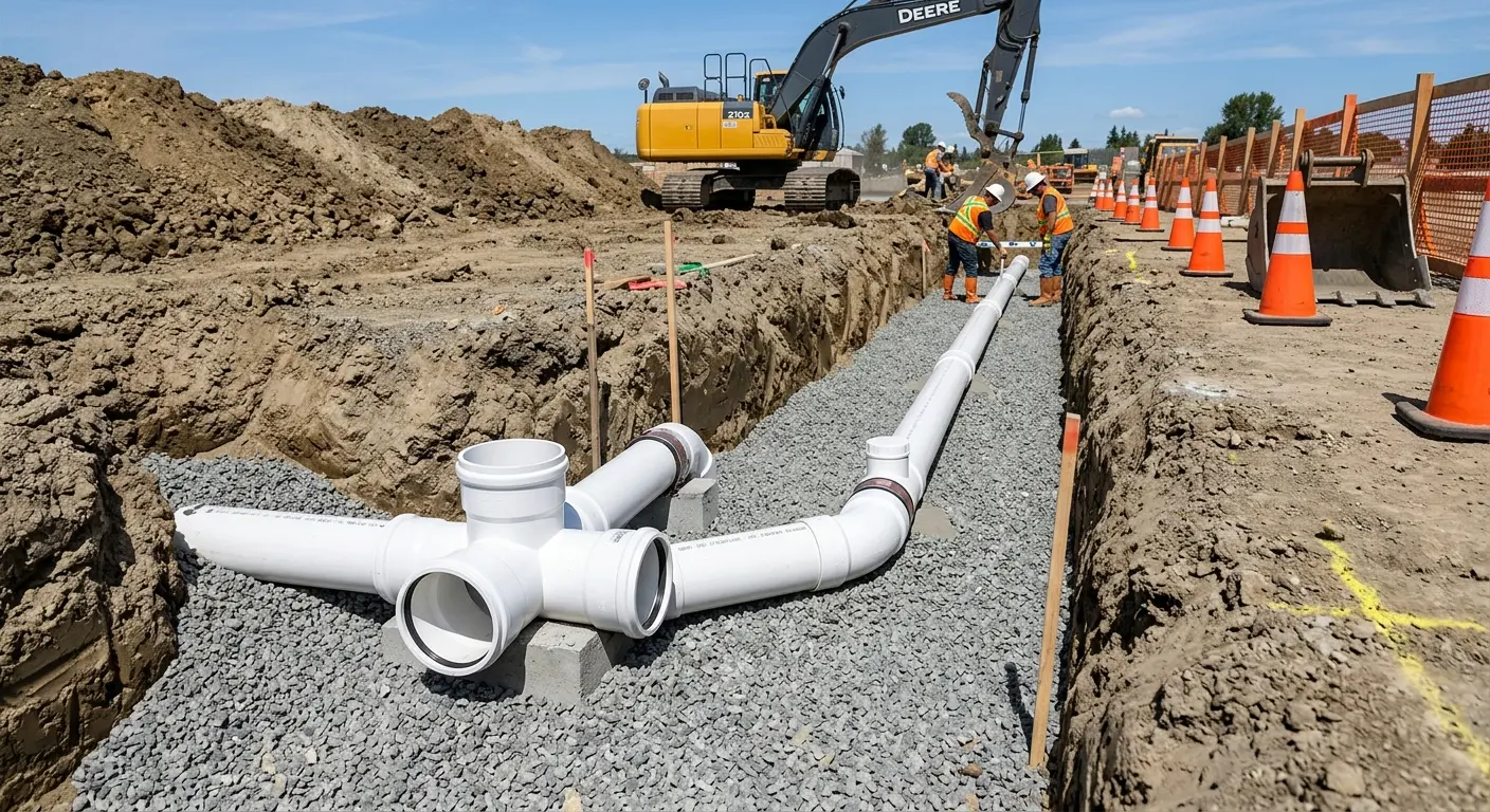 New PVC sewer pipe installation in open trench for Sewer Backup in Fultondale