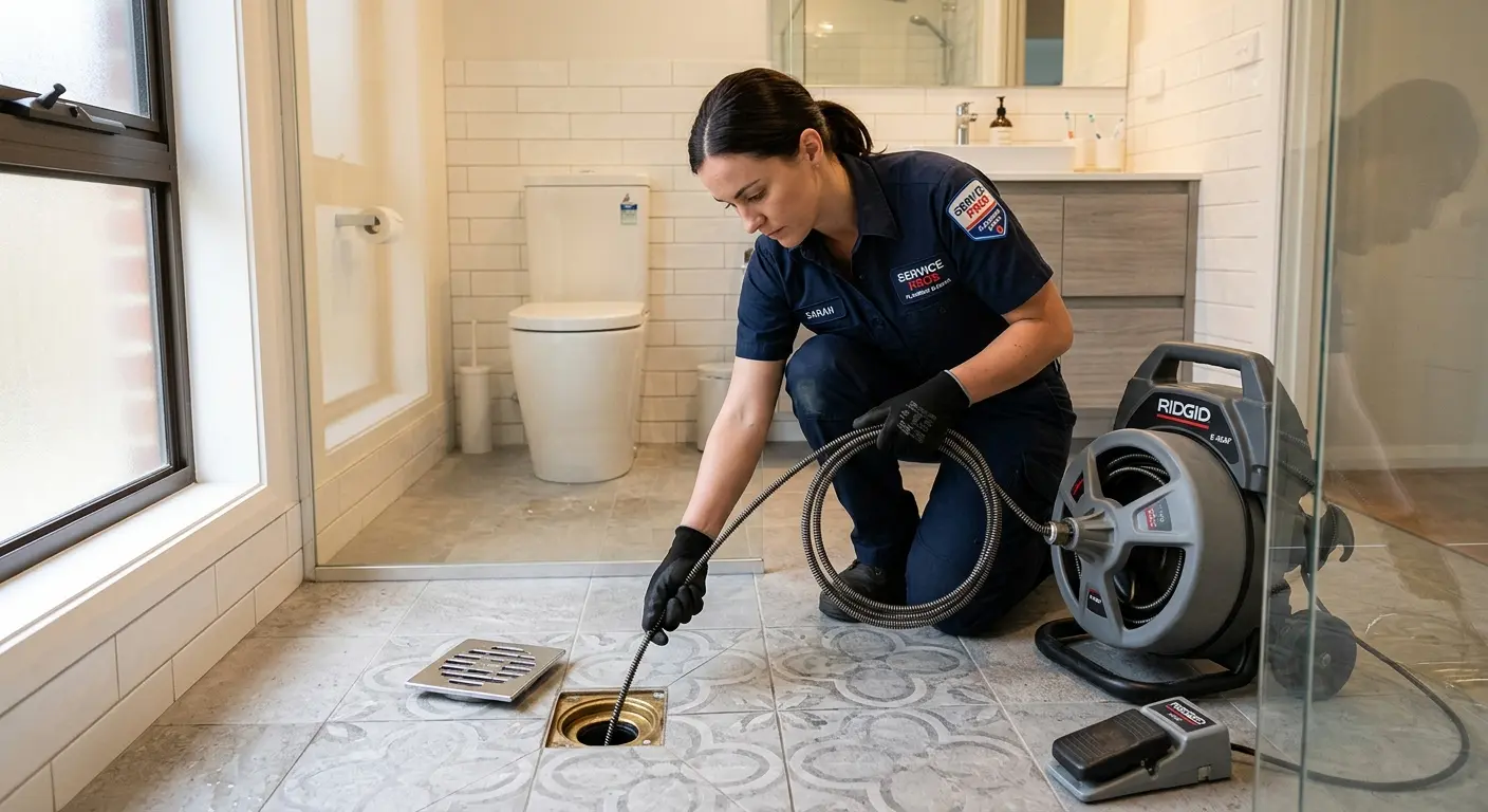Technician clearing a bathroom floor drain for Drain Cleaning in Fultondale